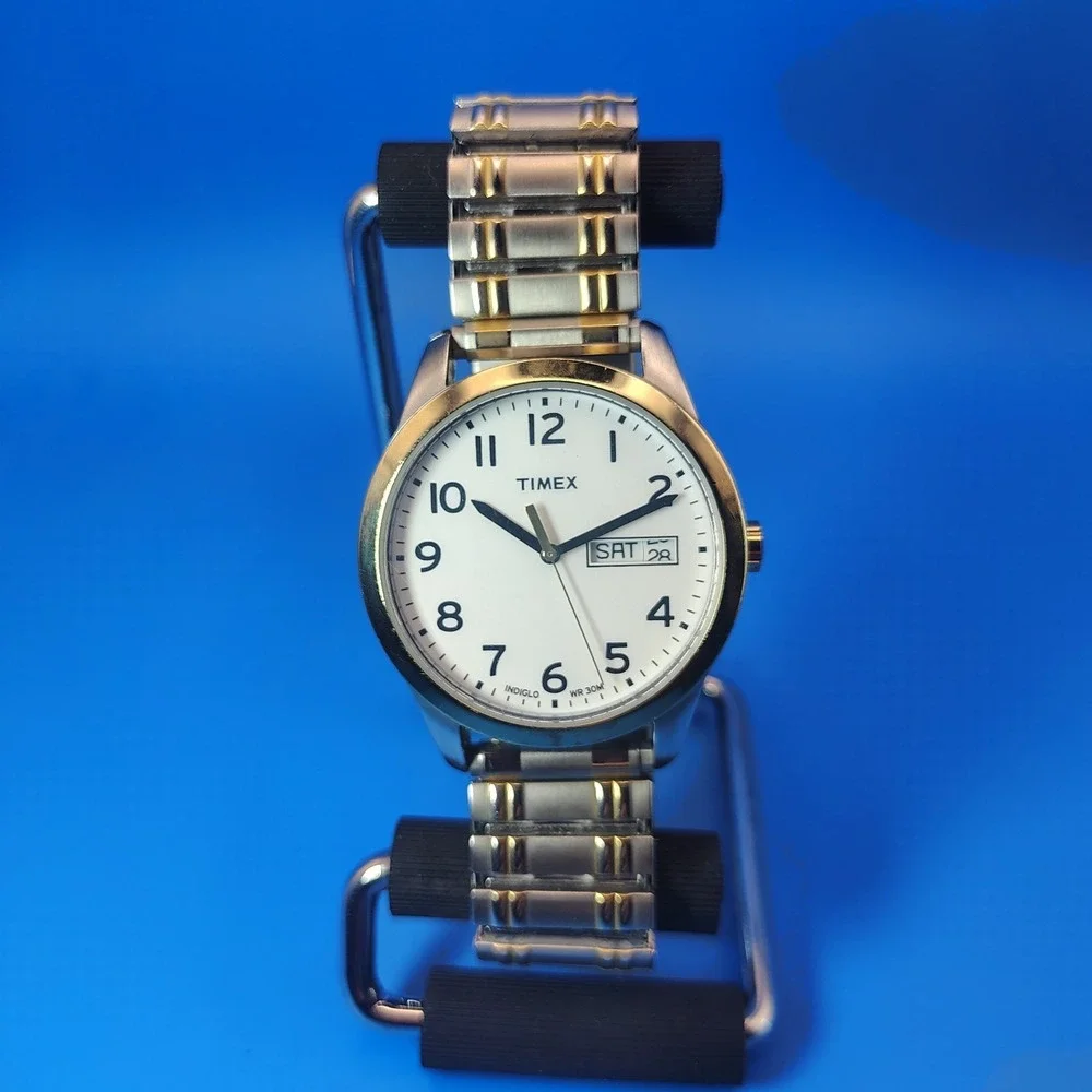 Vintage‎ 2014 Timex Indiglo Day-Date 35mm Mens Quartz Two Tone Dress Watch